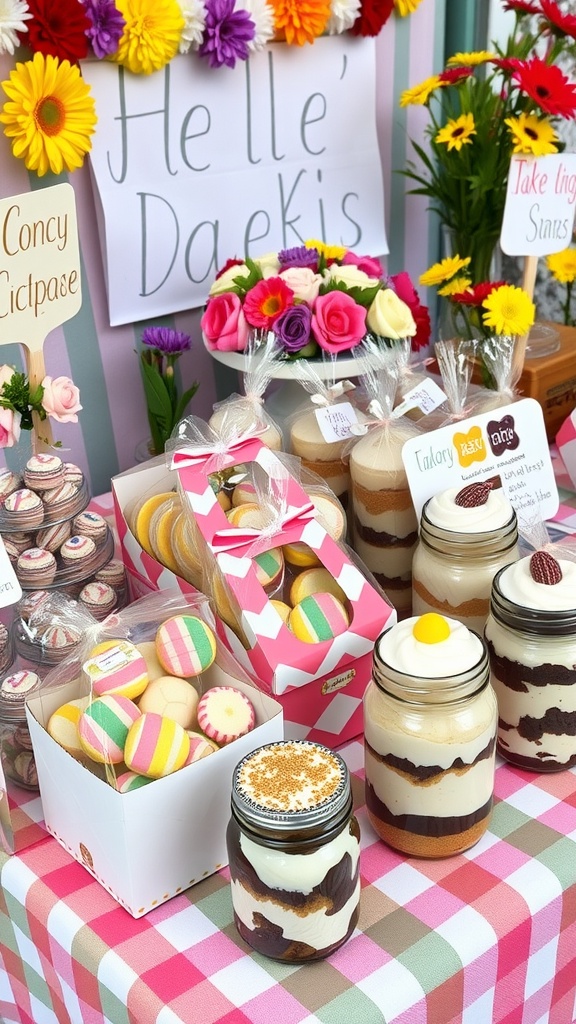 A vibrant bake sale display with various packaged baked goods in colorful wrappers and boxes.